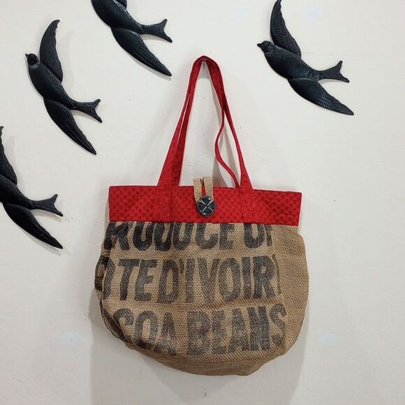 Back Alley Chic Eco Friendly Upcycled Burlap Tote with Cute Cat Print Lining - Picture 1 of 6